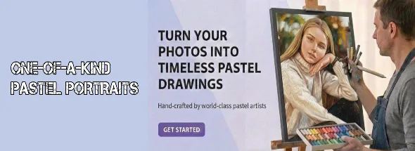 Custom pastel portrait service with an artist hand‑drawing a woman’s photo into a detailed pastel artwork, showcasing one‑of‑a‑kind handcrafted pastel portraits.